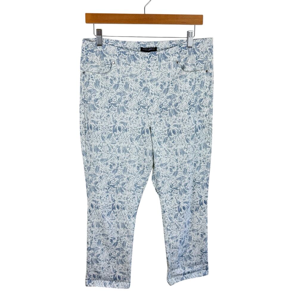 Mario Serrani Italy Blue White Floral High Rise Stretchy Pull On Capri Pants L